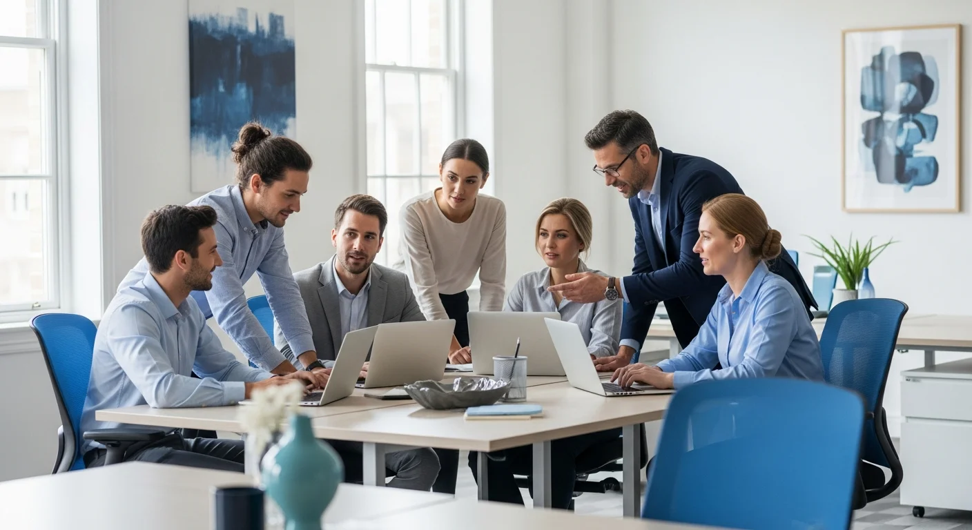 Dienstleistungsteam arbeitet gemeinsam an Laptops im modernen Büro