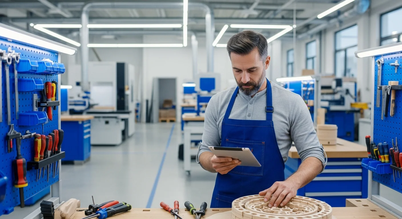 Handwerker im modernen Betrieb arbeitet mit einem Tablet