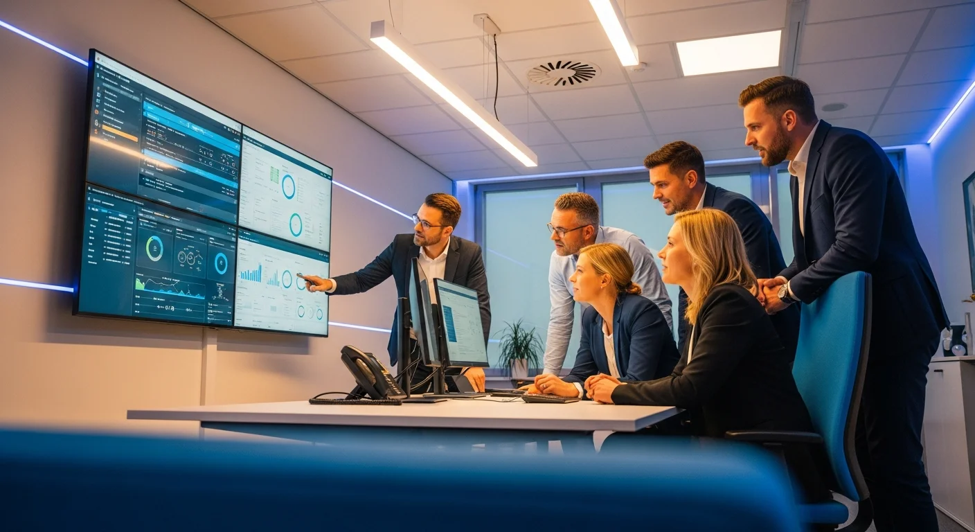 Mittelständische Unternehmer prüfen digitale Kennzahlen im Büro